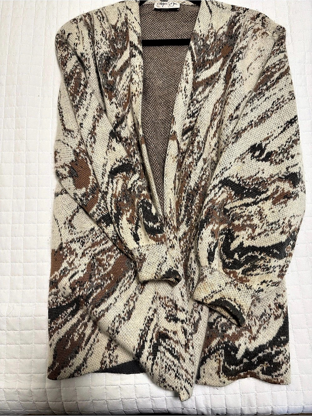 Vintage Marie St. John Abstract Open Front Cardigan in Brown & Cream Like New